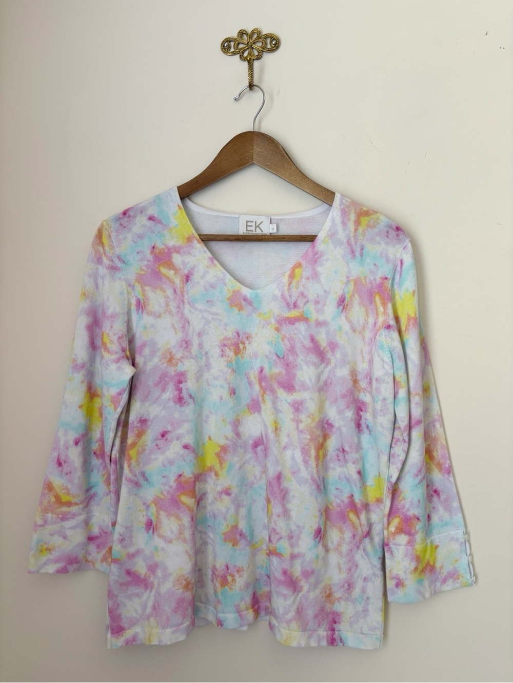 Edinburgh Knitwear Pastel Watercolor V Neck Knit Top Sweater Large Summer